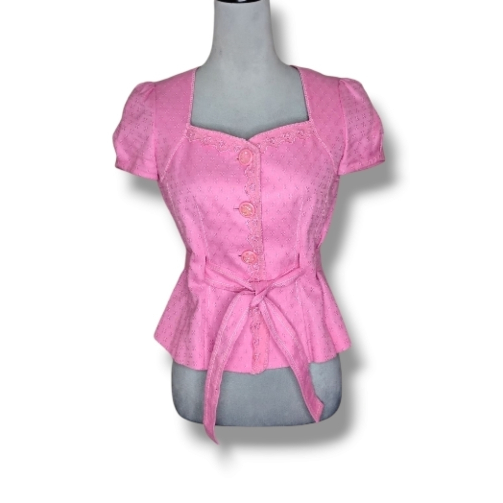 Pink Button Up Belted Lacy Top